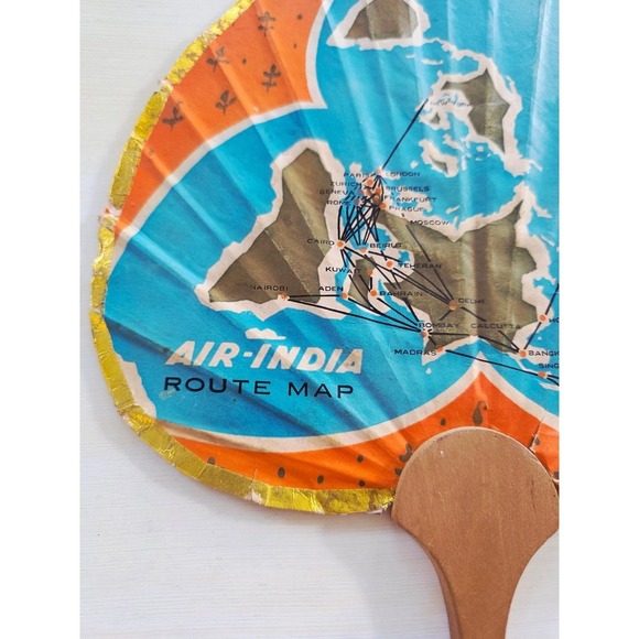 Vintage Air India Fan 1950s Collectible Route Map Wooden Handle Souvenir - Picture 12 of 16